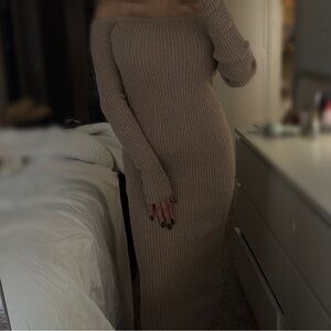 Shop Luna B Tan Off-Shoulder Knit Dress